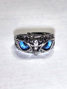 Silver Plated Blue Eye Owl Ring - Adjustable